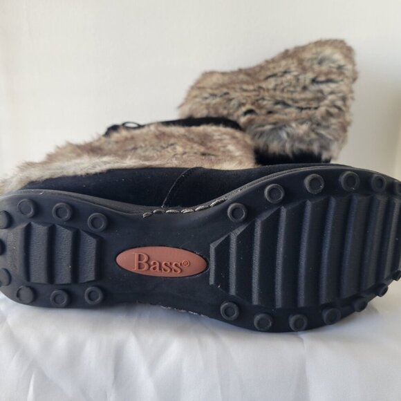 Bass Kodiak Women's 10 Medium Wedge Black Suede Leather Faux Fur Kneehigh Boots - Picture 9 of 12